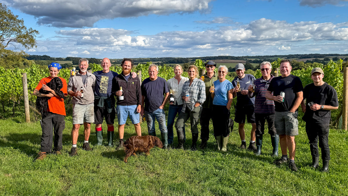 The vineyard team standing together in the Candover Brook vineyard, holding wine glasses, with a small brown dog in the grass in front of them. The background features green grapevines, a tree, and a blue sky 